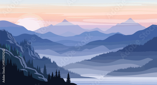 A tranquil landscape illustration of vast, layered mountain ranges overlooking a calm body of water, bathed in the soft glow of a gentle sunrise