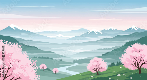 Vibrant pink cherry blossoms cascade over verdant hillsides. A serene river winds through misty valley. Majestic snow-capped mountains loom beneath