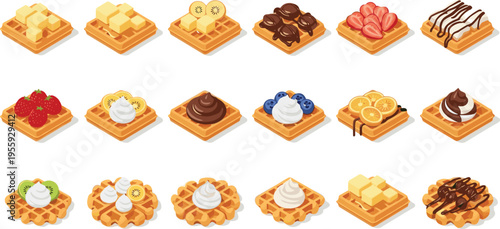 Waffle Dessert Vector Set with Toppings Including Fruits, Chocolate, Cream, and Syrup for Breakfast Menu, Bakery Design, and Sweet Food Illustration