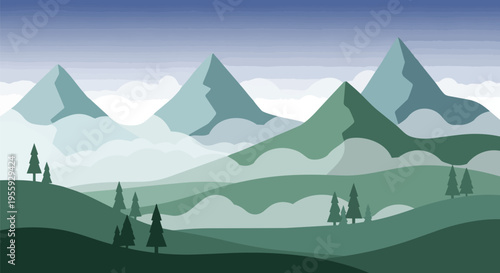 A breathtaking minimalist illustration depicting serene towering mountain peaks shrouded in ethereal mist, nestled above lush undulating hills