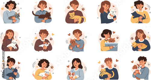 People hugging pets set with cats and dogs, animal love care and bonding scenes collection in flat vector illustration style