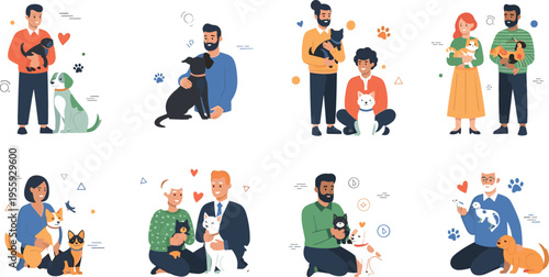 People with pets set showing families and owners with dogs and cats, animal adoption and love lifestyle vector illustration collection