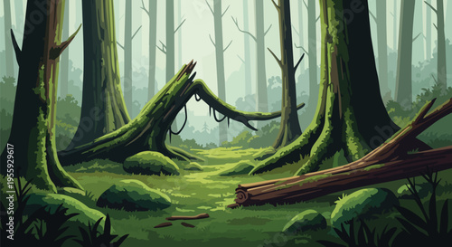 Enchanted woodland scene with ancient moss-covered trees and a winding forest path through a serene, misty clearing