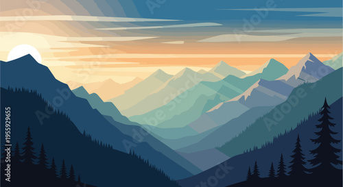 Minimalist vector illustration of a majestic layered mountain range at dawn or dusk with serene forests and a colorful sky, conveying profound