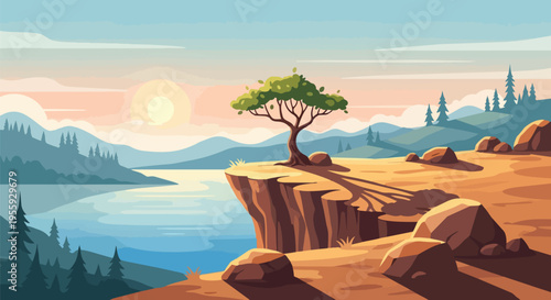 Serene lakeside panorama at dawn with a solitary tree on a sunlit bluff overlooking tranquil waters.