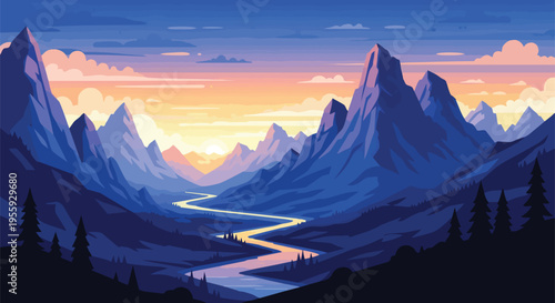 Colorful natural valley landscape illustration featuring majestic towering peaks a winding river and a vibrant gradient sky during sunrise or sunset