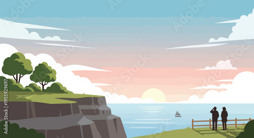 Coastal sunset vista with silhouetted couple observing serene ocean and distant sailboat under vast sky