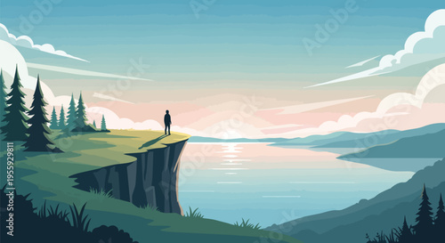 Solitary figure on a majestic cliff overlooking a serene lake at dawn, reflecting soft hues of an expansive sky. A tranquil moment of contemplation
