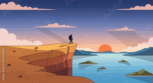 A lone adventurer stands silhouetted on a majestic cliff overlooking a serene water expanse adorned with small islands, witnessing a breathtaking