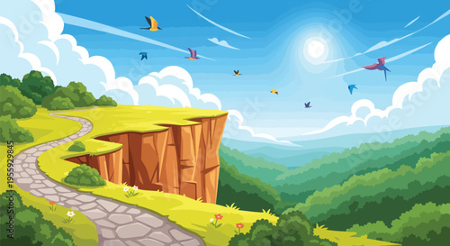 A vibrant cartoon landscape illustrates a winding stone path on a cliff, overlooking a vast green valley. Numerous colorful birds soar across the