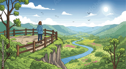 Expansive hand-drawn valley landscape with a lone observer on an elevated overlook taking in the scenic river