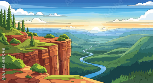 Expansive cartoon canyon landscape featuring a winding river and vivid sunset sky