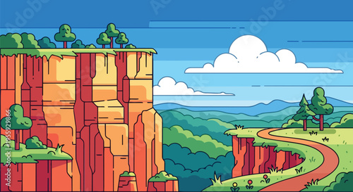 A captivating cartoon landscape illustration depicting vibrant cliffs and winding path under clear blue skies