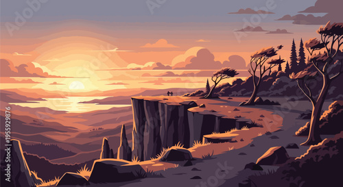 Warm tranquil vector landscape illustration at twilight overlooking majestic cliffs and serene waters