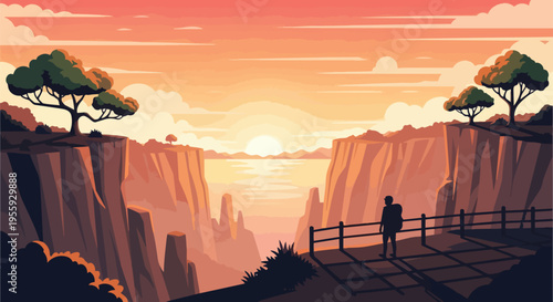 Serene wilderness view as a lone figure admires the epic colorful evening sky above cliffs