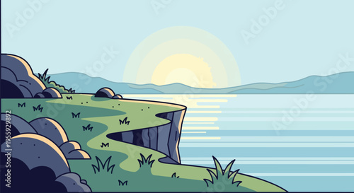 A stylized landscape illustration of a peaceful coastal sunrise over tranquil water and distant mountains.