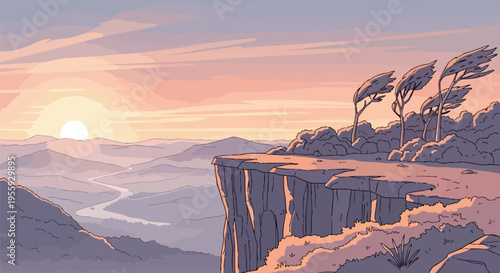 A picturesque cartoon landscape, displaying a majestic cliff and windswept trees, with a winding river traversing misty distant mountains under a