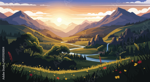 A stunning vector vista of a tranquil mountain valley illuminated by the warm light of a rising sun. A winding river carves its path through verdant