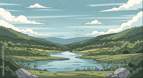 A tranquil animated river landscape with lush green hillsides and soft cloudy sky, depicting a serene natural valley environment, calm waters