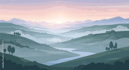 Serene river winding through mystical valleys under a soft morning sky a tranquil panorama revealing a breathtaking natural tapestry of verdant slopes