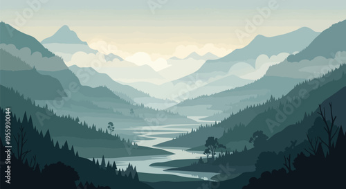 A breathtaking illustration of serene mountain ranges and a winding river valley shrouded in mist and atmospheric depth an expansive natural vista