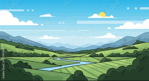 A serene and vibrant cartoon landscape illustration featuring winding river across green fields beneath a bright blue sky with fluffy clouds and