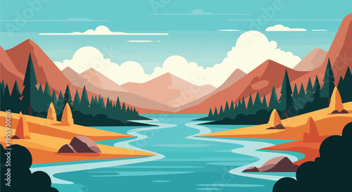 Stylized natural panorama with layered mountains, a meandering river, and verdant pine forests under a peaceful clear blue sky offering tranquil