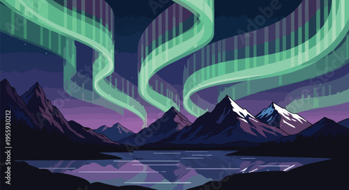 A Breathtaking Digital Illustration Capturing the Mystical Aurora Borealis Dancing Above Majestic Snow-Capped Mountains Reflected in a Tranquil Lake