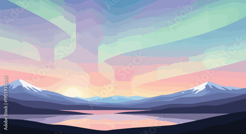 An enchanting display of northern lights illuminating a serene mountain lake landscape at dusk, showcasing vibrant aurora borealis over snowy peaks