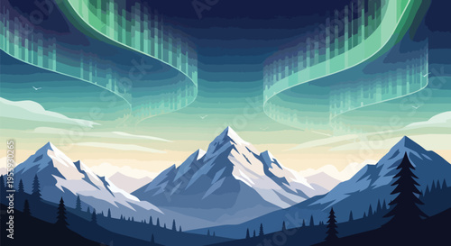 A majestic aurora borealis dances above a stylized snow-capped mountain range, with tranquil dark forests below, presenting a serene arctic