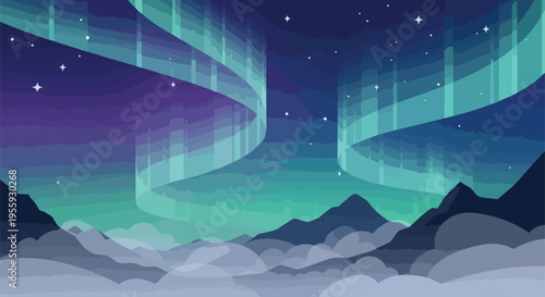 Celestial light show dancing across jagged peaks and misty valleys under a vibrant starry firmament illustrating the ethereal beauty of a polar