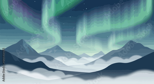 Enchanting celestial aurora spectacle illuminating a serene mountainous landscape blanketed in soft mist under a star-dusted night sky majestic