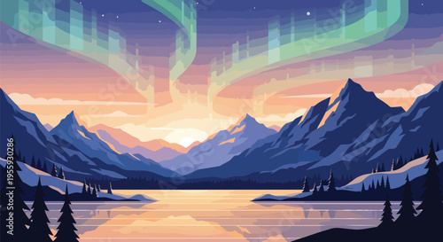 Mesmerizing aurora spectacle over rugged mountains and a serene lake at dawn