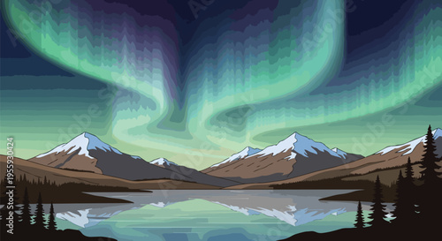 Vibrant celestial display over tranquil mountain lake reflecting the majestic northern lights at dusk