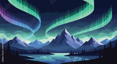 Celestial dance of northern lights painting the serene mountain panorama with reflective lake under starry night