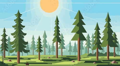 A captivating illustration depicting a tranquil coniferous forest under a bright sunny sky with tall evergreen trees and lush green terrain, ideal