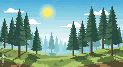 A beautiful stylized illustration of a tranquil forest landscape under a bright sunny sky with fluffy clouds, depicting a serene natural outdoor