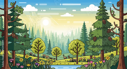 A charming and detailed cartoon illustration depicting a vibrant forest ecosystem teeming with diverse flora and fauna under a radiant sky a truly