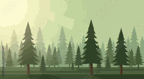 A serene and stylized evergreen forest illustration showcasing majestic pine trees amidst a misty, tranquil landscape with natural ambient light.
