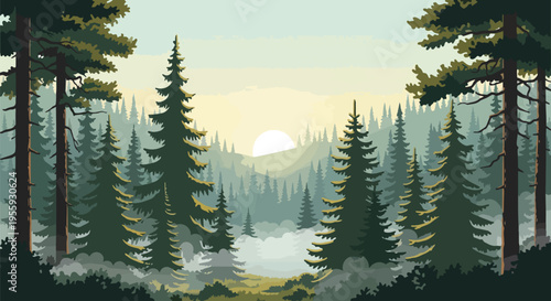 Misty morning sun breaks through dense coniferous forest creating a serene, tranquil landscape with towering evergreen trees fading into a soft,
