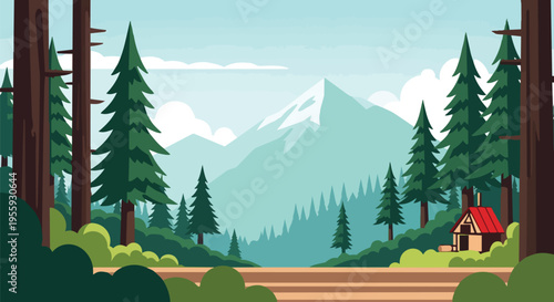 Idyllic forest scene illustration with towering pine trees, distant snow-capped mountains, and a charming rustic cabin nestled in nature's quiet