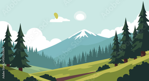 Expansive tranquil mountain valley vista showcasing majestic snow-capped peaks towering above lush evergreen forests and undulating verdant slopes