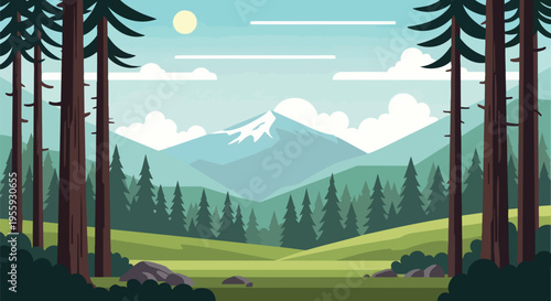 Serene illustrated mountain landscape with tall pine trees framing lush green hills and a majestic snow-capped peak beneath a bright cloud-dotted