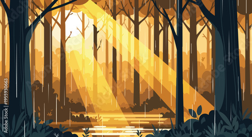 Golden light pierces through a rain-kissed forest canopy, illuminating tranquil waters below. A serene woodland tableau showcasing nature's gentle