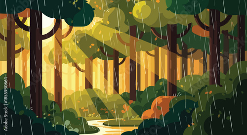 Vibrant forest scene under a gentle rain shower with illuminating sunbeams piercing through the dense canopy reflecting on the winding stream below