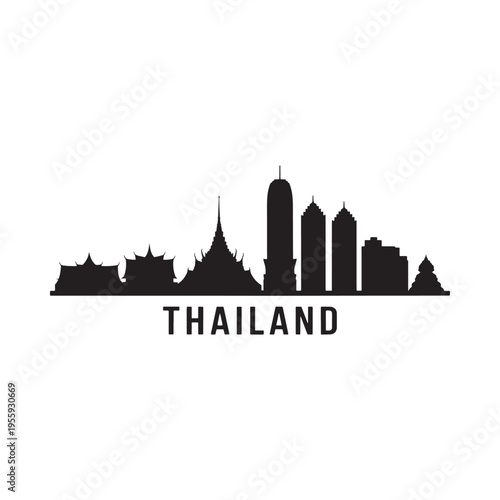 Black silhouette of a city skyline with the word thailand below
