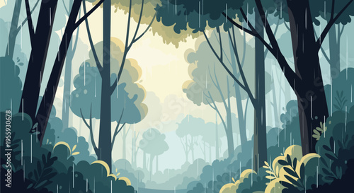 An enchanting vibrant forest scene immersed in a gentle downpour of rain. Lush green foliage and towering trees create a serene woodland ambiance