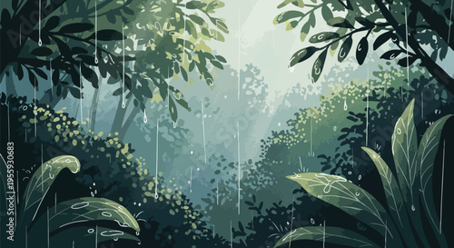 A vibrant illustrative depiction of a dense, lush rainforest, experiencing a gentle, refreshing downpour. Rich green foliage with glistening