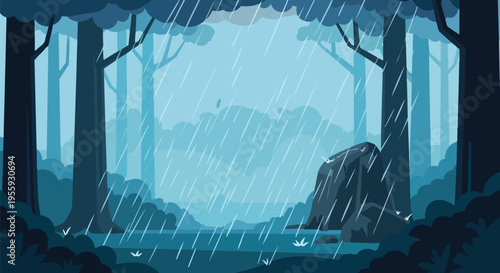 Serene forest ecosystem drenched in a refreshing rainfall illustration