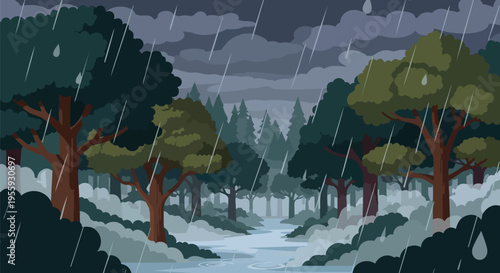 An animated illustration portraying a dark, rainy forest scene with heavy clouds, a winding stream, and lush trees.